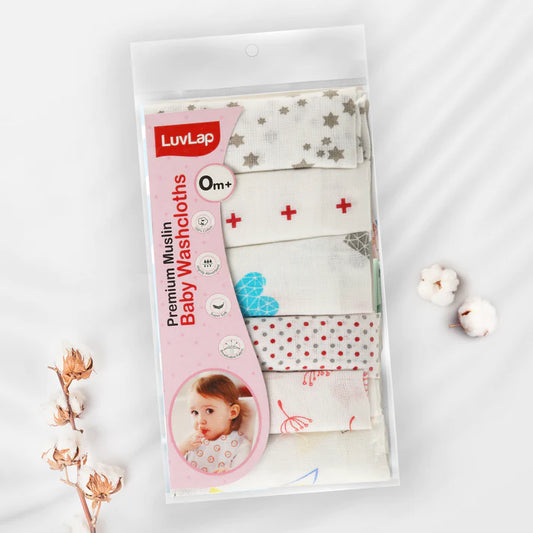 LuvLap Premium Baby Washcloth for New Born, 100% Muslin Cotton Cloth, Washable, Reusable, Absorbent, Extra Soft Face Towels/Washcloth for Babies, 6 Pcs, Dots, Hearts Print