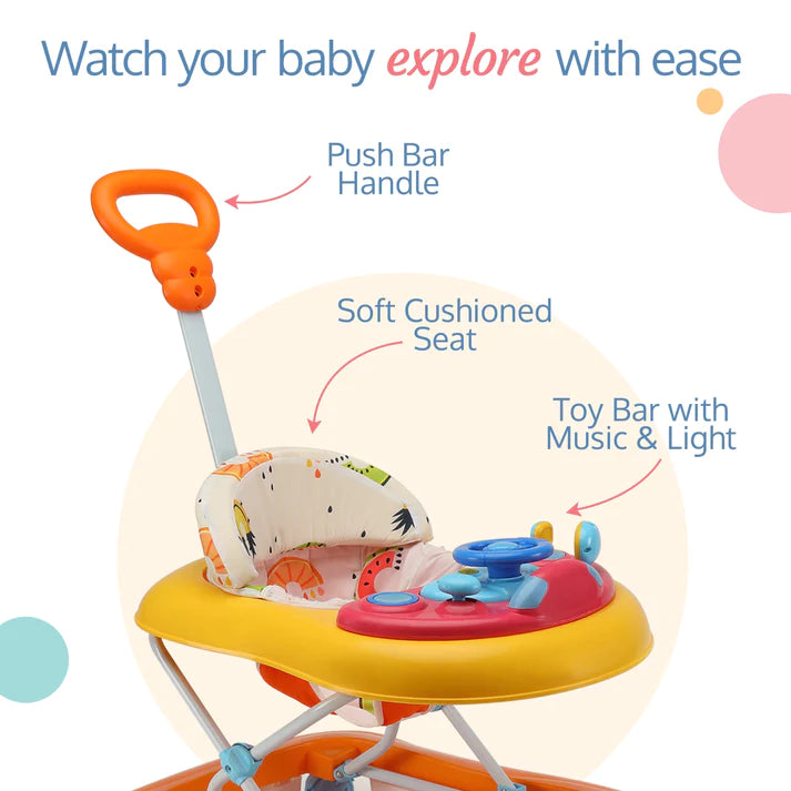 LuvLap Sunshine Baby Walker with Parental Push Handle, Anti Fall, anti Skid mechanism, Height Adjustable with Light, rattle & Music Toys, Cushioned Walker for baby 6-18months (Orange)