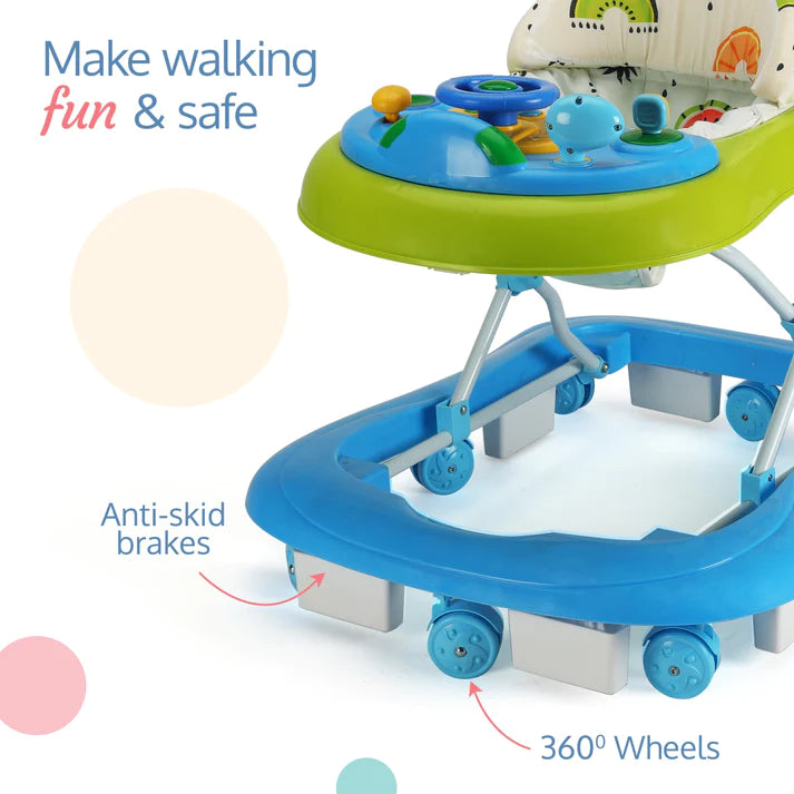 LuvLap Sunshine Baby Walker with Parental Push Handle, Anti Fall, anti Skid mechanism, Height Adjustable with Light, rattle & Music Toys, Cushioned Walker for baby 6-18months (Blue)