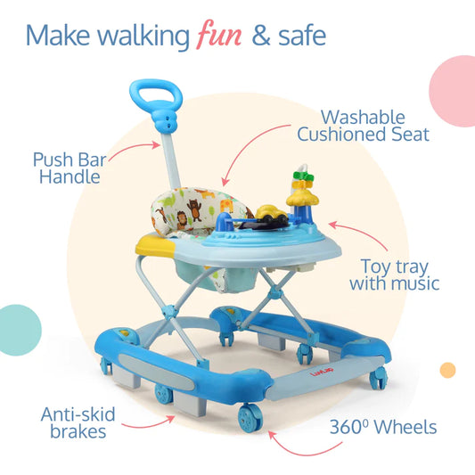 LuvLap Comfy Baby Walker & Rocker with Parental Push Handle, Anti Fall, anti Skid mechanism, Height Adjustable with Light, Rattle & Musical Toys, Cushioned Walker for baby 6-18months (Blue)
