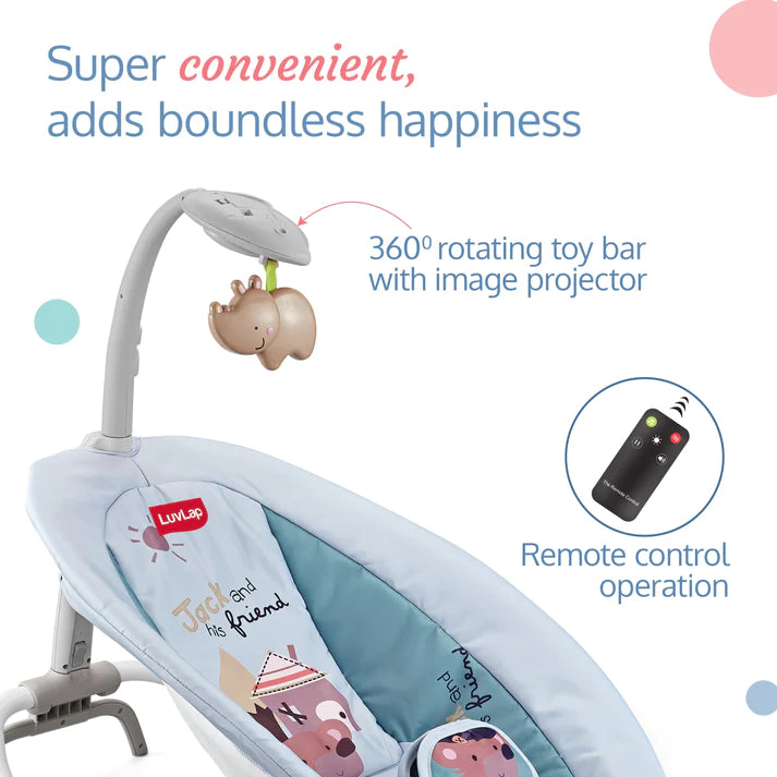 LuvLap Joy-n-Giggles Baby Rocker for Infants - Motorized Swing with soothing vibration, Music Speaker with Preset music, 360° rotating toybar, 3 point safety harness, Remote Control, Grey