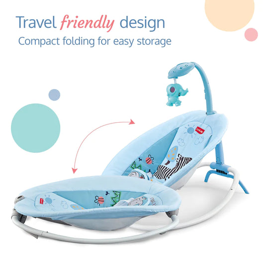 LuvLap Joy-n-Giggles Baby Rocker for Infants - Motorized Swing with soothing vibration, Music Speaker with Preset music, 360° rotating toybar, 3 point safety harness, Remote Control, Blue