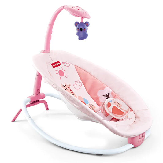 LuvLap Joy-n-Giggles Baby Rocker for Infants - Motorized Swing with soothing vibration, Music Speaker with Preset music, 360° rotating toybar, 3 point safety harness, Remote Control, Pink