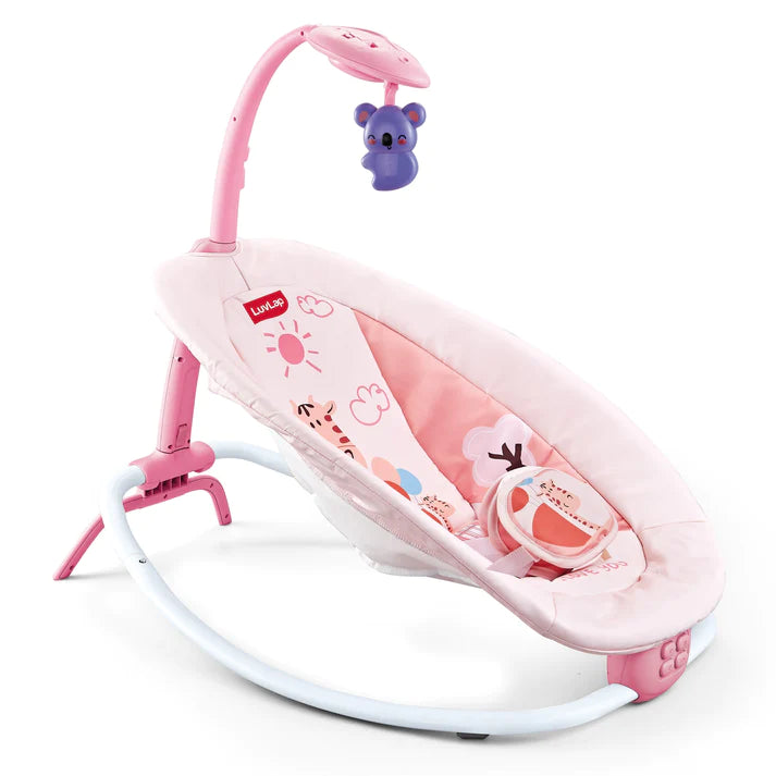 LuvLap Joy-n-Giggles Baby Rocker for Infants - Motorized Swing with soothing vibration, Music Speaker with Preset music, 360° rotating toybar, 3 point safety harness, Remote Control, Pink