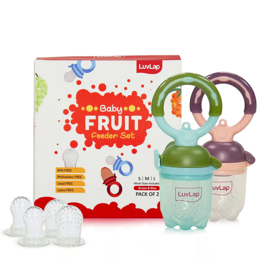 LuvLap Baby food and fruit feeder twin pack with three Feeder Sack sizes, BPA Free, Green & Pink