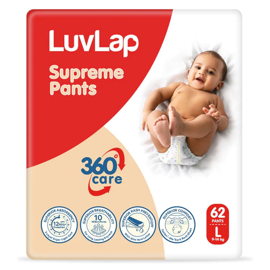 LuvLap Supreme Diaper Pants Large (LG) 9 to 14Kg, 62Pcs, 360° skin care with 10 million breathable pores, Aloe Vera for superior Rash prevention, upto 12hr protection, 5 layer super light core