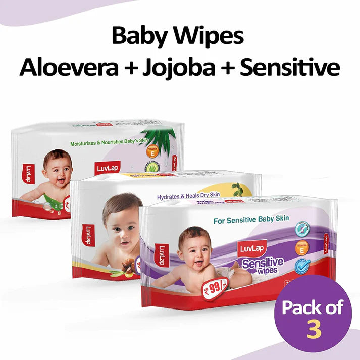 LuvLap Baby Wipes Aloevera + Jojoba + Sensitive - Pack of 3