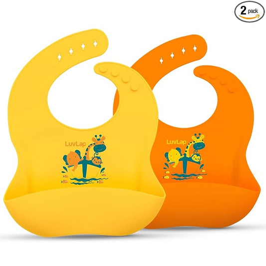 LuvLap Silicone Baby Bibs for Feeding & Weaning Babies & Toddlers, Waterproof, Pack of 2 (Orange & Yellow)