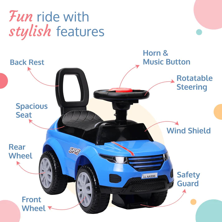 LuvLap Starlight Ride on & Car for kids with Music & Horn steering, Push Car for baby with Backrest, Safety guard, Under Seat Storage & Big Wheels, Ride on for kids 1 to 3 years upto 25 Kgs (Blue)