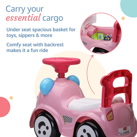 LuvLap Sunny Ride on & Car for kids with Music & Horn steering, Push Car for baby with Backrest, Safety guard, Under Seat Storage & Big Wheels, Ride on for kids 1 to 3 years upto 25 Kgs (Pink)