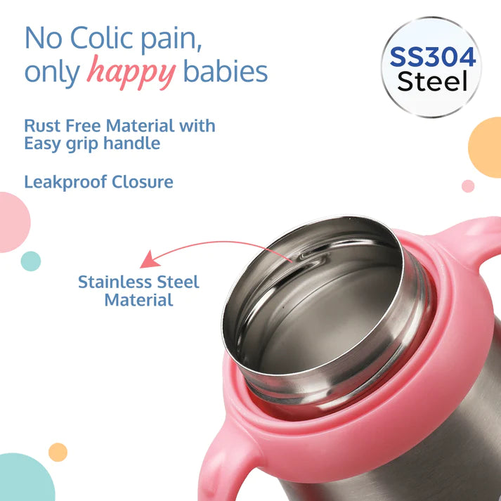 LuvLap steel Feeding bottle, made of high quality SS304 steel, Rust free stainless steel, ergonomic handle, BPA Free, Odour free, nipple has anti colic venting system, Pink, 3M+, 240 ml