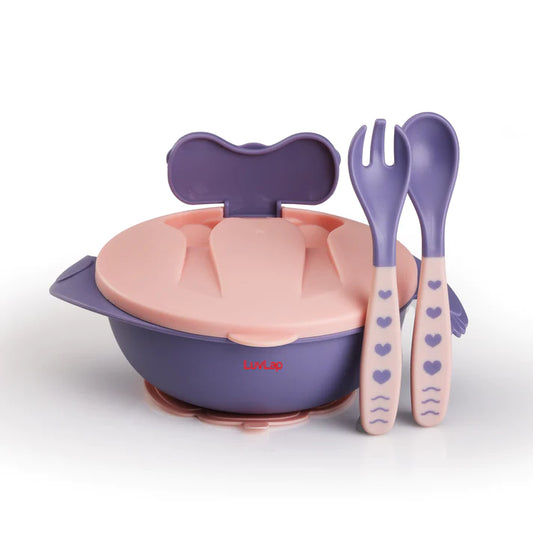 LuvLap Baby Feeding Bowl with Lid, Suction Cup, Spoon & Fork Set, for Feeding & Weaning, Baby Tableware Set, Soft First Stage Feeding Baby Bowl with divider plate & Spoon Set for Baby & Kids (Pink)