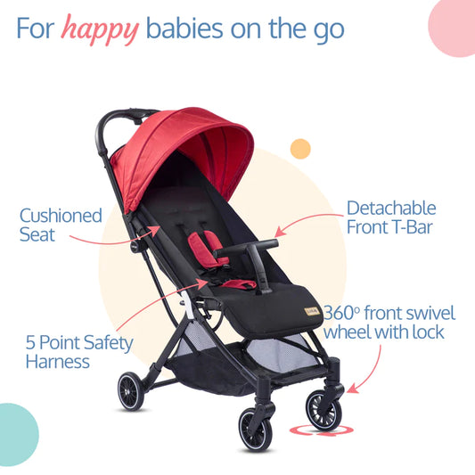 LuvLap Urbane Baby Stroller / Pram with 5 point Safety Harness, Easy Fold, Extended Canopy, Multi level recline, Looking window, easy Assembly, 6 Month + (Red & Black)