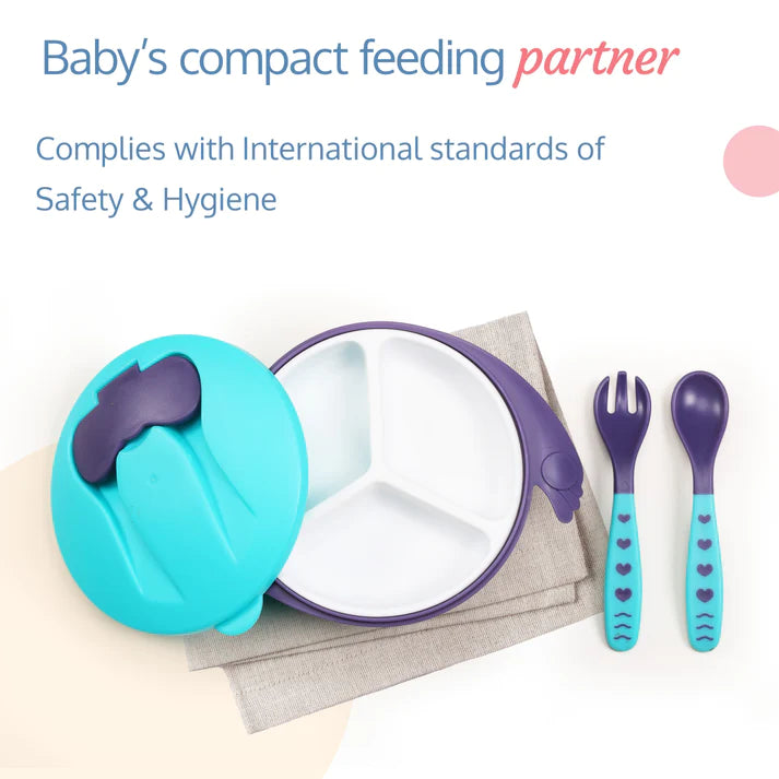 LuvLap Baby Feeding Bowl with Lid, Suction Cup, Spoon & Fork Set, for Feeding & Weaning, Baby Tableware Set, Soft First Stage Feeding Baby Bowl with divider plate & Spoon Set for Baby & Kids (Blue)