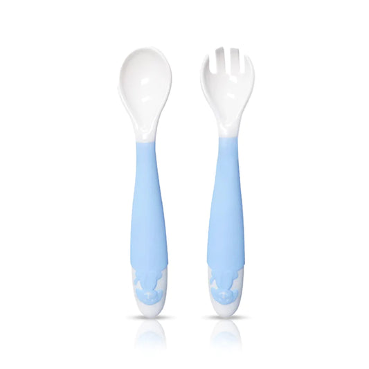 LuvLap Bendable Weaning Spoon & Fork Set with rounded tip, Baby Feeding Spoons, Baby Self feeding, Baby Cutlery, Heat-Resistant Soft Silicone for Toddler, BPA Free, Food-grade material, 3m+ (Blue)