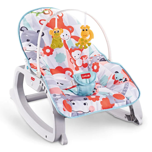 LuvLap Animal Kingdom 3-in-1 Baby Rocker  Rocker with Soothing Music and Vibration, Rocker Chair for Baby, Adjustable backrest Recline Feature, Detachable Toy bar, Multicolor (Hippo)