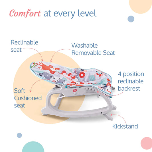 LuvLap Animal Kingdom 3-in-1 Baby Rocker  Rocker with Soothing Music and Vibration, Rocker Chair for Baby, Adjustable backrest Recline Feature, Detachable Toy bar, Multicolor (Hippo)