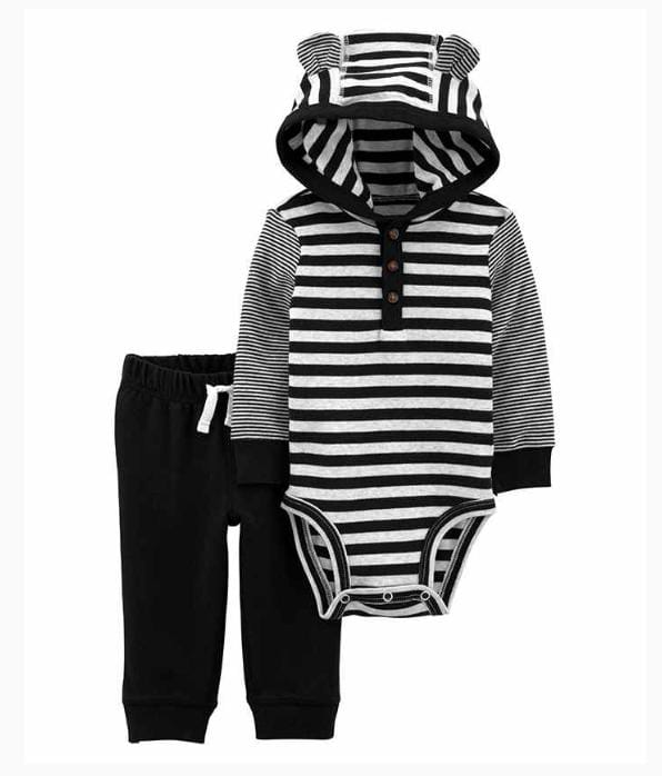 Carters 2-Piece Striped Hooded Bodysuit Pant Set - Black White & Grey 18 to 24