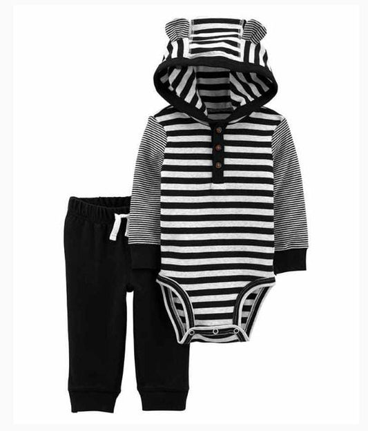 Carters 2-Piece Striped Hooded Bodysuit Pant Set - Black White & Grey 18 to 24