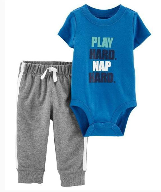 Carters 2 Piece Play Hard Bodysuit Pant Set - Blue Grey 18 to 24